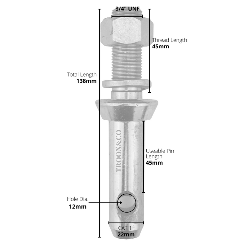 Implement Mounting Pin - CAT 1 - 3/4" UNF Thread