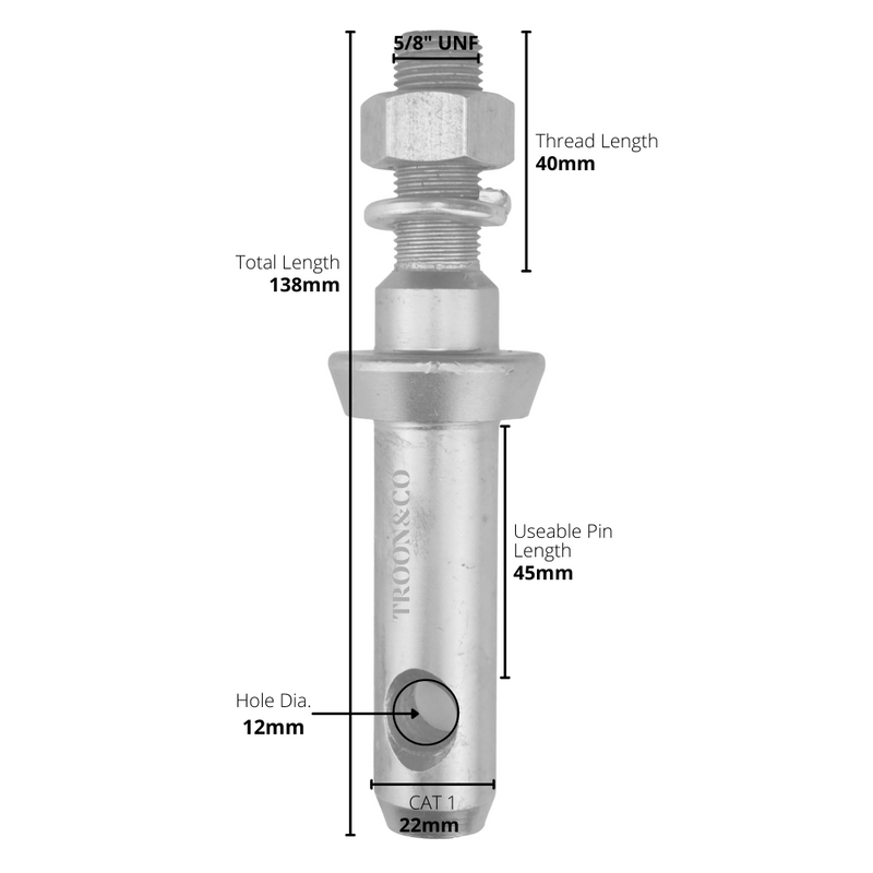 Implement Mounting Pin - CAT 1 - 5/8" UNF Thread