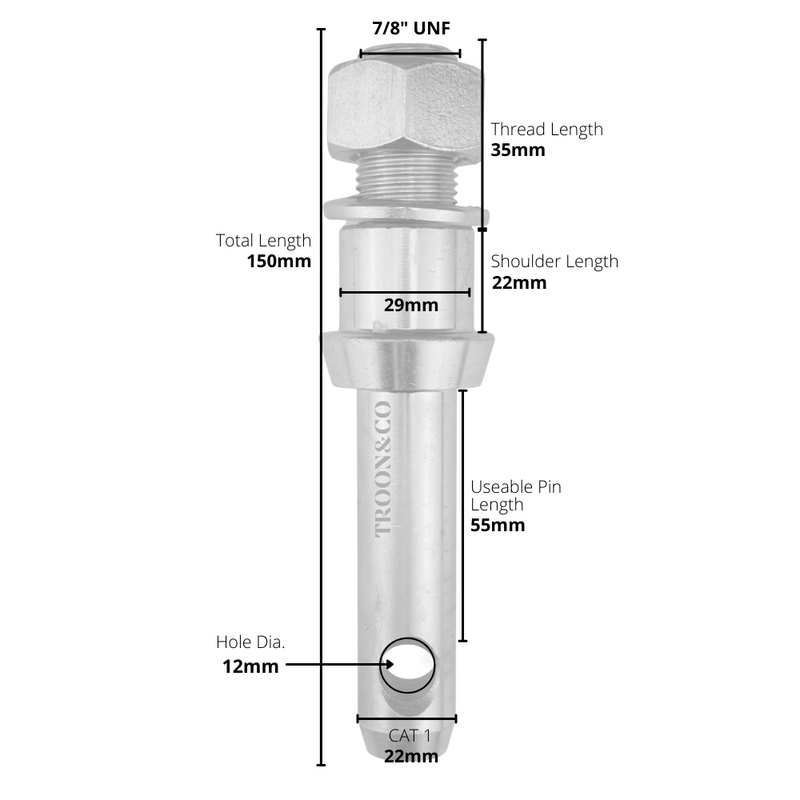 Implement Mounting Pin - CAT 1 - 7/8" UNF Thread