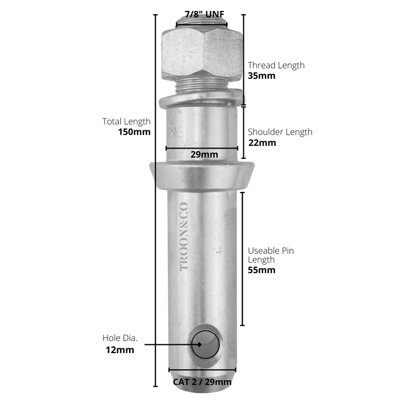 Implement Mounting Pin - CAT 2 - 7/8" UNF Thread