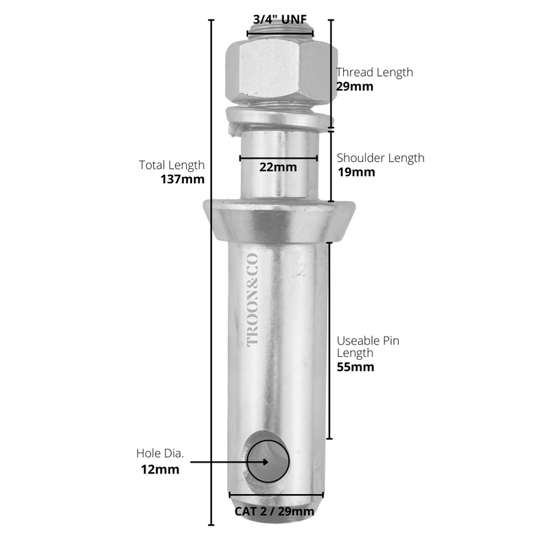 Implement Mounting Pin - CAT 2 - 3/4" UNF Thread